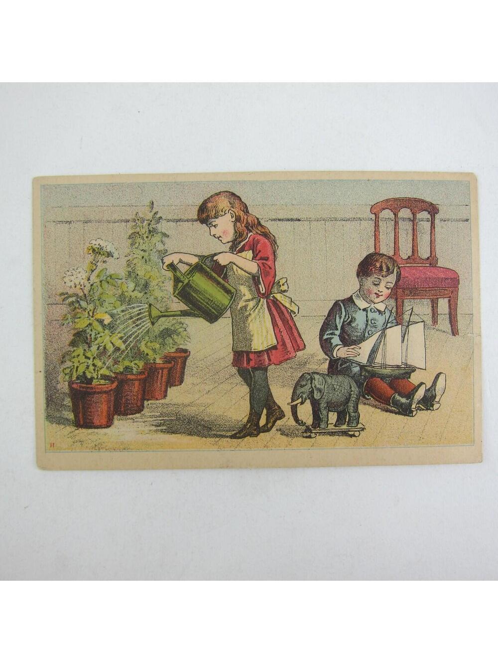 Victorian Trade Card Manhattan Clothing Girl Waters Flowers Boy Sailboat Antique